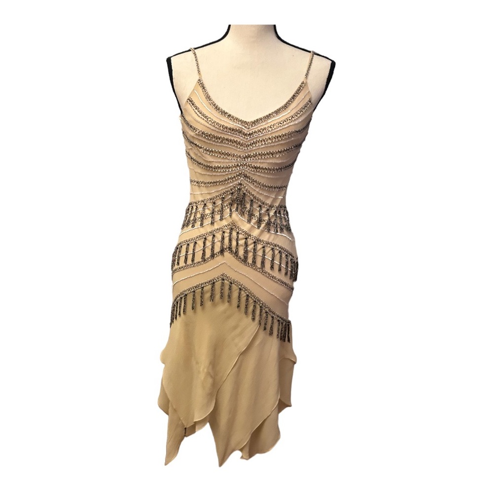 SUE WONG 100% Silk Beaded Flapper Dress Nude 6